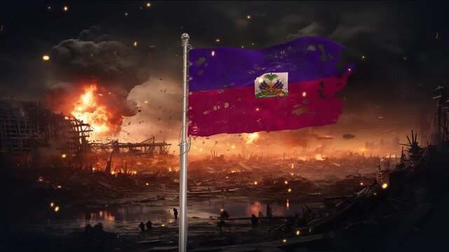 Haiti flag waving in war is torn