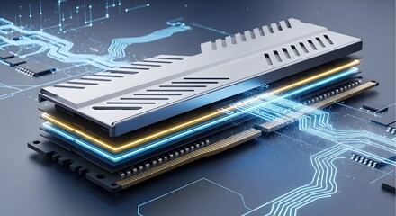 Futuristic computer hardware with glowing blue digital data streams and circuits