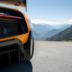 Orange Supercar with Mountain View Advertisement Exotic Sports Vehicle Scenic Background