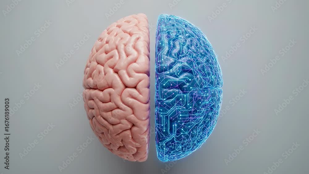 Poster human brain with glowing digital circuit showing artificial intelligence and machine learning concep