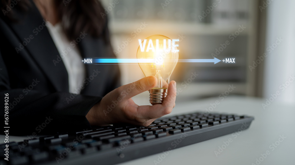 Poster value measurement and adjustment concept showing value, performance, and optimization level with foc
