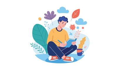 Young man sitting cross legged drawing in a notebook surrounded by colorful abstract shapes and plants