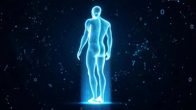 A glowing blue digital human silhouette stands in the center of a dark, futuristic space filled with abstract geometric shapes, constellations, and floating binary code