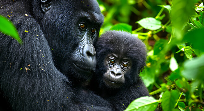Tender moment between a mother mountain gorilla and her adorable baby gorilla nestled closely in lush green jungle foliage - Powered by Adobe