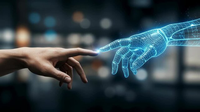 Human and digital hand fingers connect, symbolizing artificial intelligence cooperation and machine learning development.