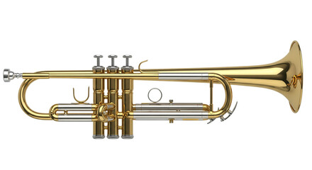 Gleaming brass trumpet with silver accents on black isolated on a transparent background musical instrument