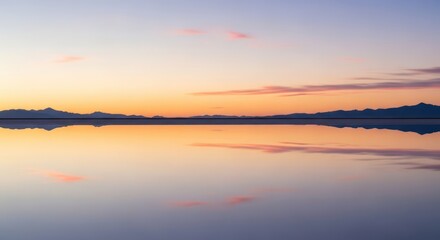 Fototapeta premium Serene landscape of a calm body of water reflecting a vibrant sunset with distant mountains on the horizon, showcasing agricultural beauty at dusk.