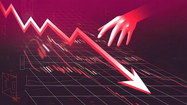 Economic decline illustrated with falling arrow and hand reaching, representing market crash fear
