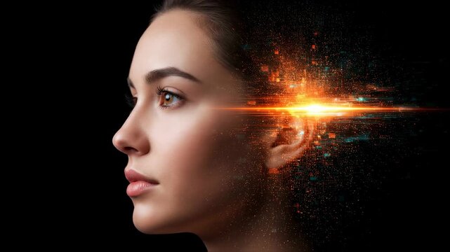 Woman's head with bright digital light ray. Digital mind processing thoughts. Artificial intelligence and brain activity concept. Footage.
