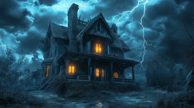 Haunted house with glowing windows under stormy sky, spooky scene