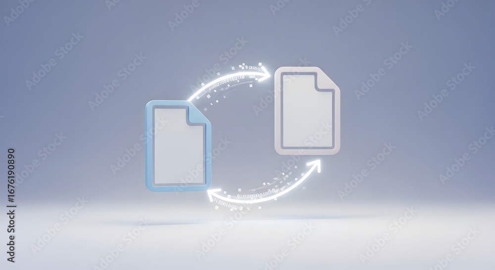 Aufkleber digital data transfer and file sharing concept with glowing arrows and documents