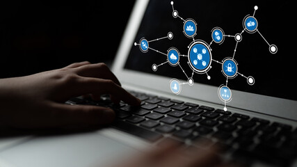 A conceptual illustration depicts hands typing on a laptop while digital icons and connections highlight the themes of technology, data, and communication in a modern workspace. Tessel