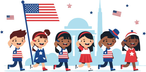 Diverse children joyfully parade, carrying an American flag, past a depiction of the Washington Monument.