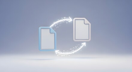 Digital data transfer and file sharing concept with glowing arrows and documents