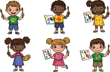 Children painting with brushes and colorful palettes, creative art, artistic expression, drawing activity, and kids art illustration.