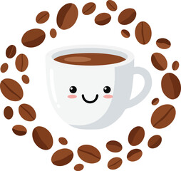 Obraz premium Cartoon illustration of a smiling coffee cup surrounded by coffee beans in a circular arrangement.