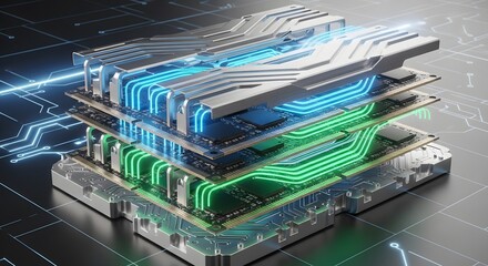 Advanced technology stack with glowing blue and green circuits and data flow