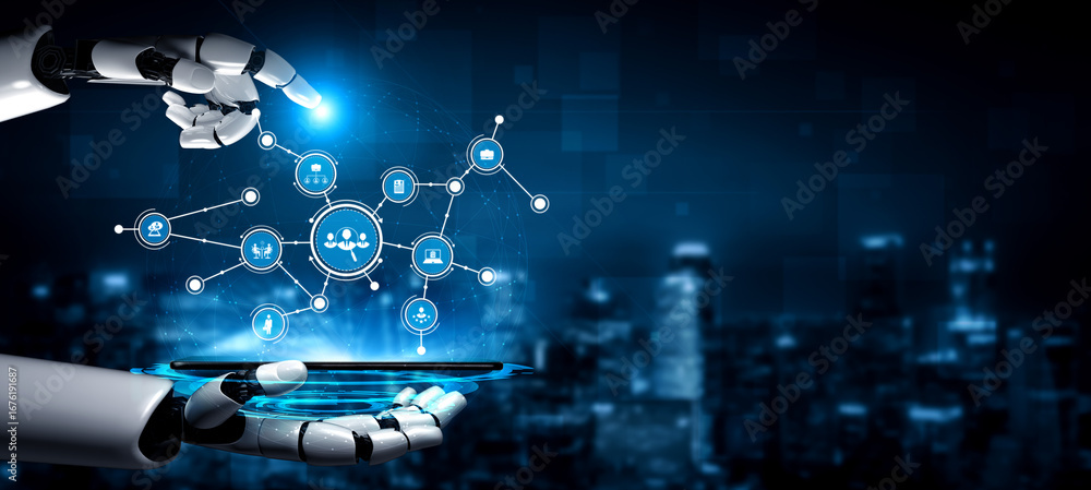 Poster a robotic hand reaches out to interact with floating digital icons in a futuristic cityscape, showca