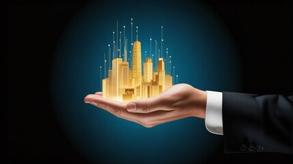 Golden city held in hand symbolizing urban development, real estate, and technological growth