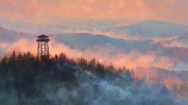 Early morning scene shows fire lookout tower above soft mist, framed by quiet treetops and pale cinematic sunrise tones.