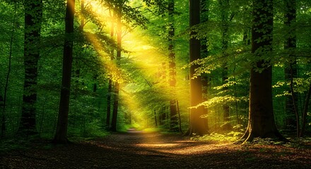 Fototapeta premium Sunbeams illuminate a lush green forest path creating a magical natural scene