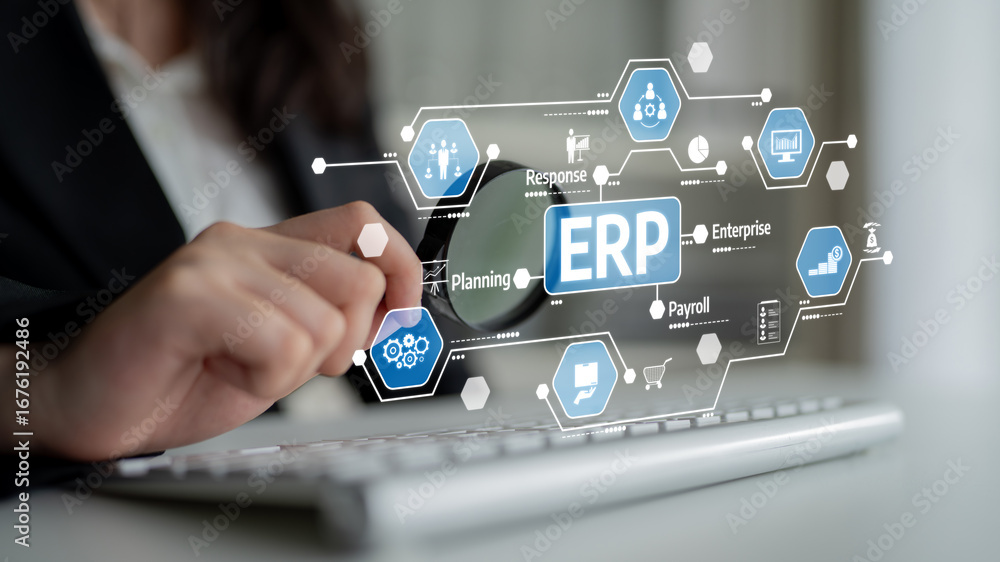 Poster a business professional interacts with a computer interface showcasing enterprise resource planning 