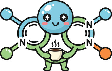 Obraz premium Cute cartoon molecule character enjoying a warm cup of coffee.
