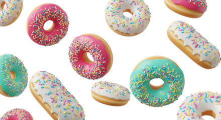 Pink turquoise white iced donuts colorful sprinkles isolated on a transparent background icing