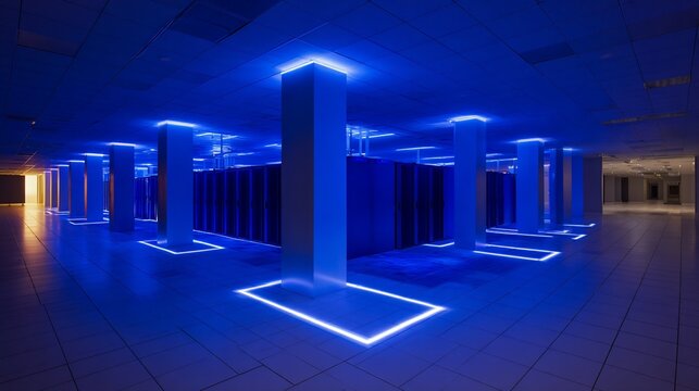 Modern Data Center Server Room with Blue Led Lighting and Illuminated Floor Patterns - Powered by Adobe