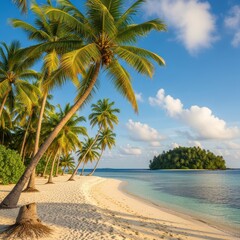 Beautiful tropical beach with palm trees and island view