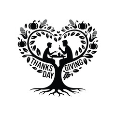Thanksgiving Heart Tree with Silhouettes of People Eating heart shape
