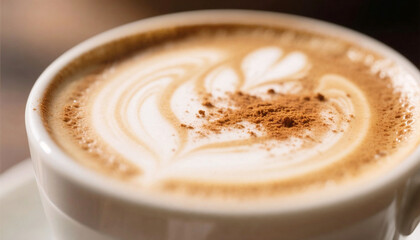 Creamy cappuccino with latte art and cocoa powder on top  