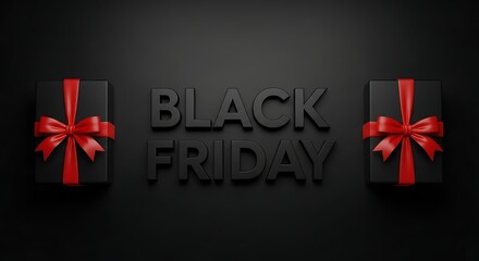 Black friday sale with gift boxes and red ribbon on black background