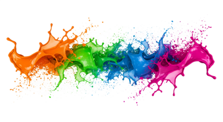Vibrant liquid splashes in rainbow hues isolated on a transparent background paint color