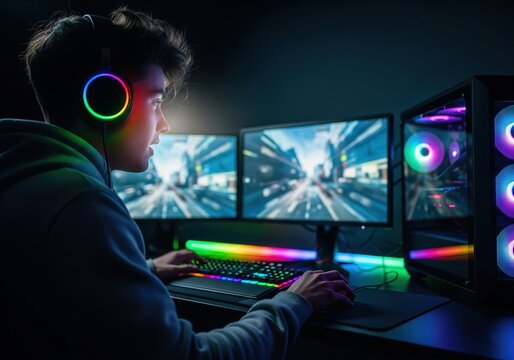 Young person immersed in an intense online gaming session with a high-performance RGB illuminated setup