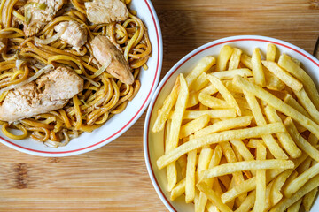 Classic Asian Style Chicken Chow Mein With Fries