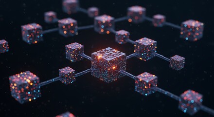 Abstract digital network of interconnected glowing cubes.