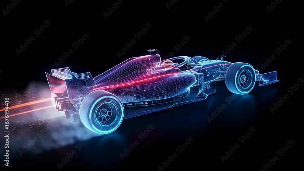 Poster wireframe formula race car speeding on black background with light trails and smoke effect animation