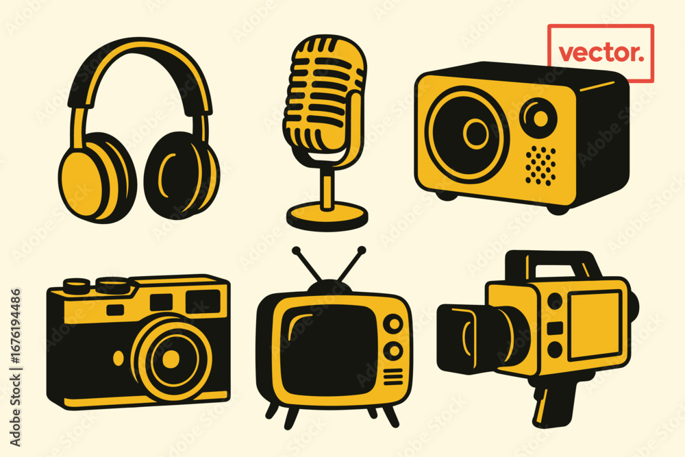 Poster a realistic 3d icon set includes vector objects for headphones, microphone, speaker, camera, retro t