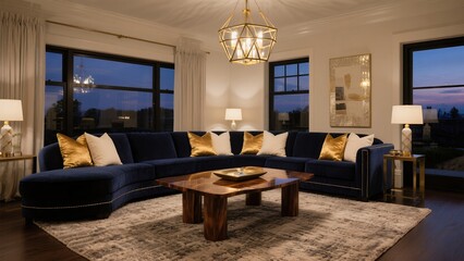 Elegant Living Room with Navy Blue Sofa and Gold Accent Pillows in Modern Interior