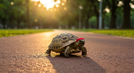A turtle in a red headband runs along a path in the park at sunset, ready for a workout.