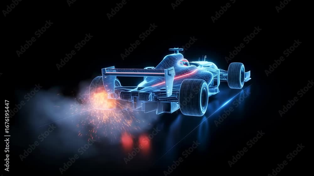 Poster digital race car with sparkling effects creating speed and acceleration visualization, abstract spor