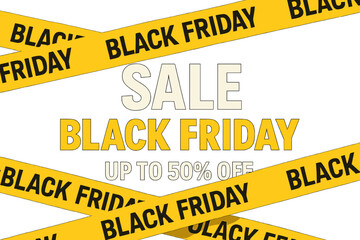 Black Friday sale featuring a colored banner, poster, and logo on a dark background, using white, yellow, and black hues with intersecting signal‑yellow tapes in a vector illustration