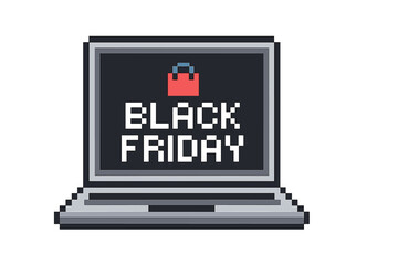 A pixelated laptop featuring a Black Friday icon, rendered as a vector 8‑bit game logo and sale banner