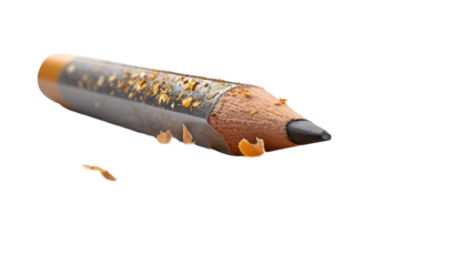 Sharpened pencil with gold flecks and wood shavings on black background