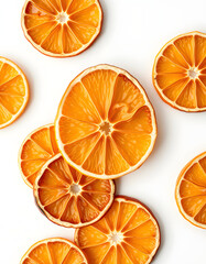Fototapeta premium Dried slices of orange (lemon) isolated on white background.Top view, magazine photoshoot. isolated with white highlights