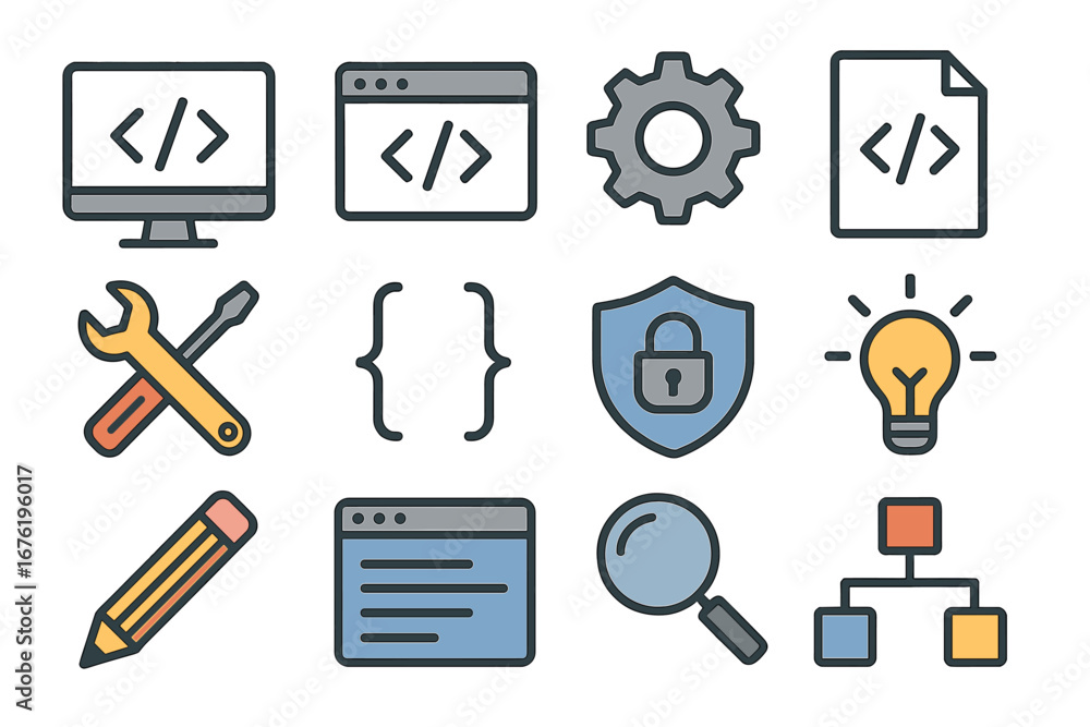 Poster a sleek, minimalist collection of flat development icons that presents a range of key‑tool concepts 
