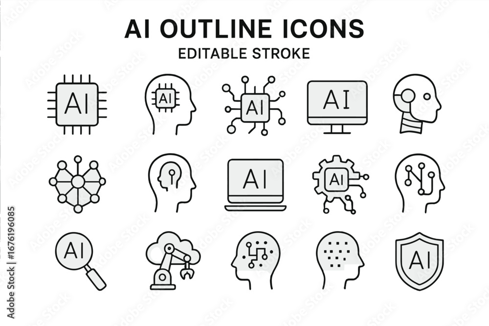 Poster a collection of outline web line icons with editable strokes, featuring minimalistic linear pictogra