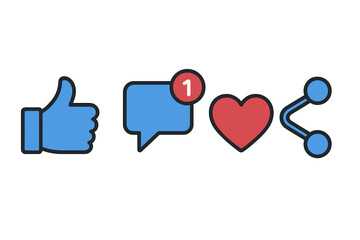 A vector illustration featuring a collection of icons for like, comment, share, thumbs‑up, social‑media notifications, love heart, and other reaction symbols