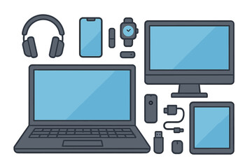 A sleek minimalistic 3D device collection with multi‑style mockups of smartphones, tablets, laptops, PCs and TVs, offered as vector assets for generic device templates ideal for infographics or